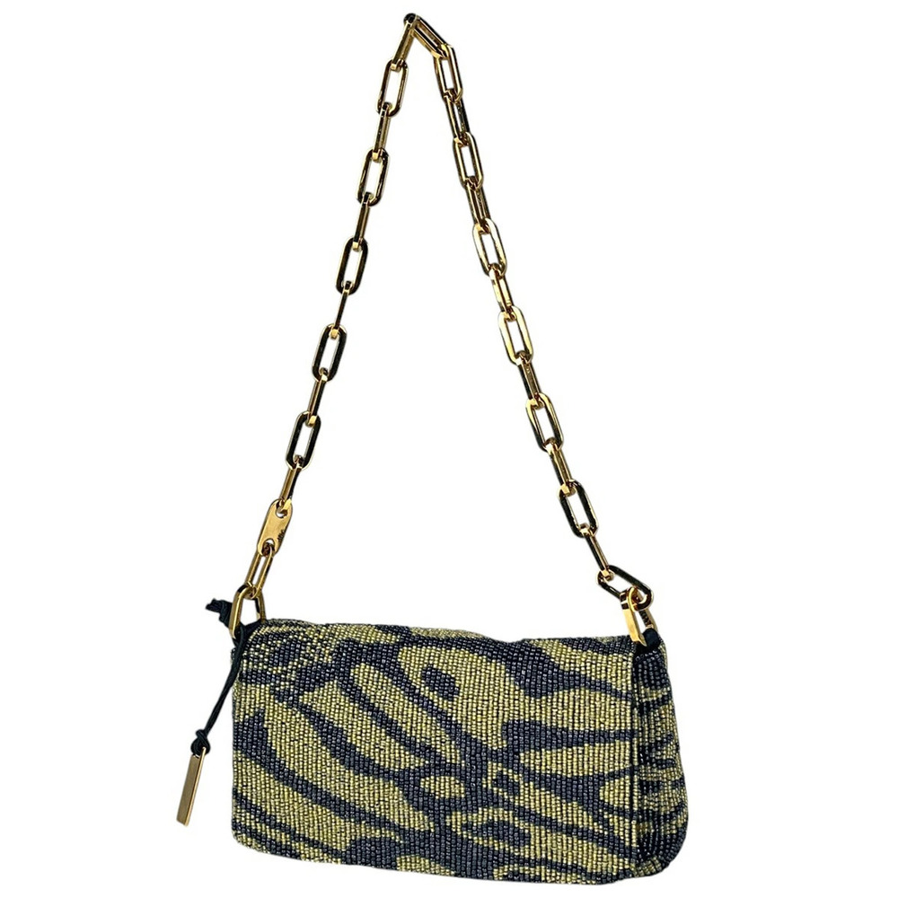 Gucci logo chain shoulder bag handbag beaded Navy Blue yellow